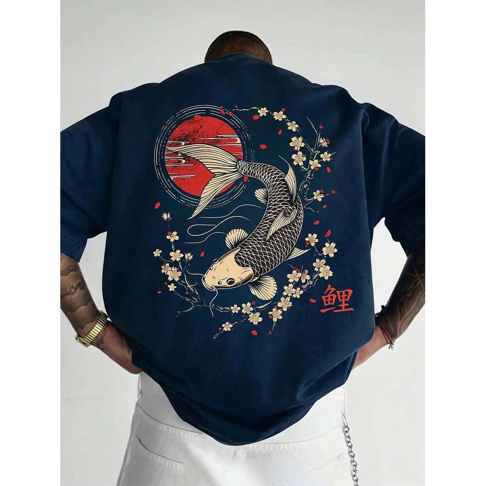 Japanese-style Koi Fish Men's T-shirt with Traditional Cherry Blossom and Sun Print Casual Oriental Style Summer Top C260131