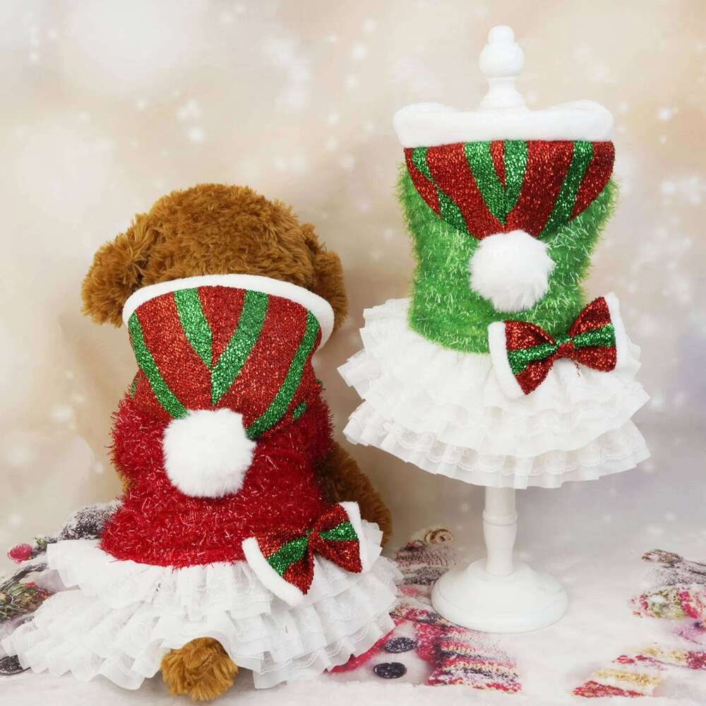 Pet Sequin Dress Dog Mesh Splicing Outer Tower Party Festive Atmosphere Hooded Christmas Hat Puppy Clothes H260130