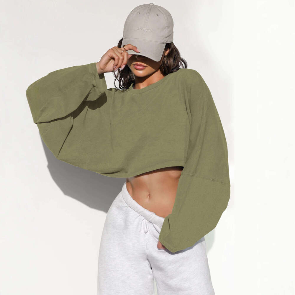 2025 Cross-Border Crop Round Neck Sweatshirt European and American Women's Fashion Short Sports Base Shirt T-Shirt Knitted Long Sleeve Top