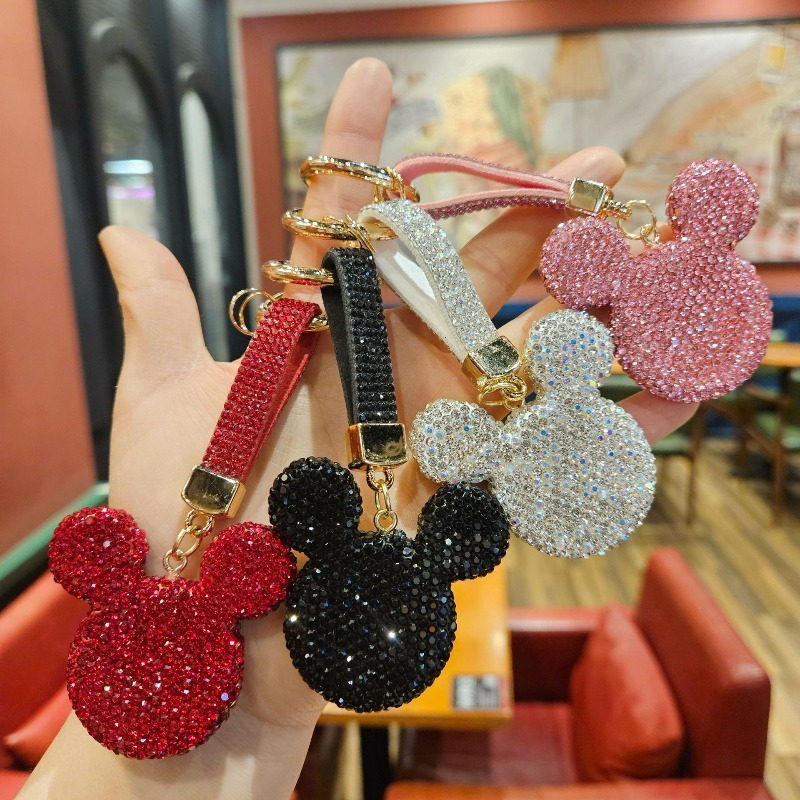 Rhinestone Crystal Cartoon Keychain Sparkling Mouse Head Pendant Fashion Car Keyring Bag Charm Luxury Gift for Women Girls