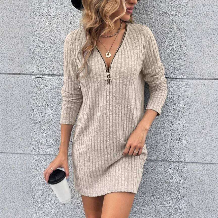 Vestidos Elegantes Half-zip Autumn And Winter Long-sleeved V-neck Ribbed Solid Color Women's Commuting Holiday Short Dress XJ260131