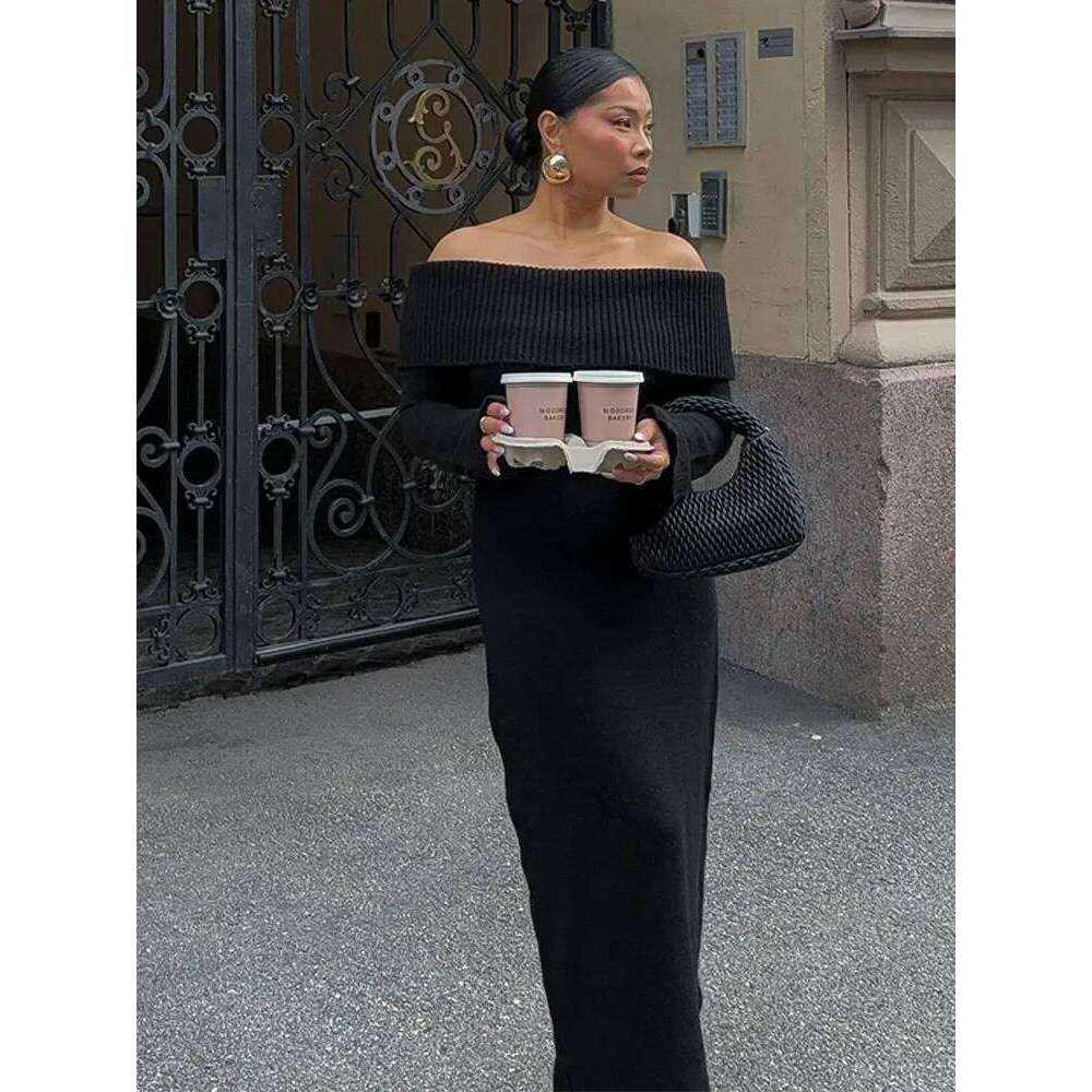 Sexy Slash Neck Knitted Party Midi Dress Women Off Shoulder Split Long Sleeve Ribbed Lady Knitwear Hip Package Elegant Robe XJ260131