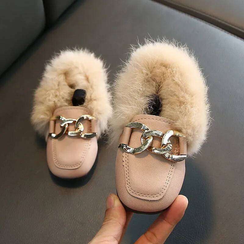 Kids Fur Children Velvet Baby Girls Warm Flats Toddler Black Brand Shoes Princess Loafer Chain Moccasin For Winter Y260128