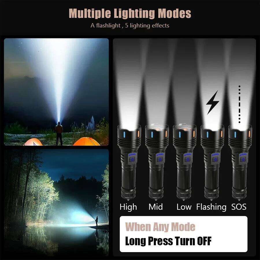 High Power LED Flashlight Type-c Rechargeable Zoom Tactical Torch Waterproof Outdoor Camping Emergency Lantern Can Light A Flame H260131