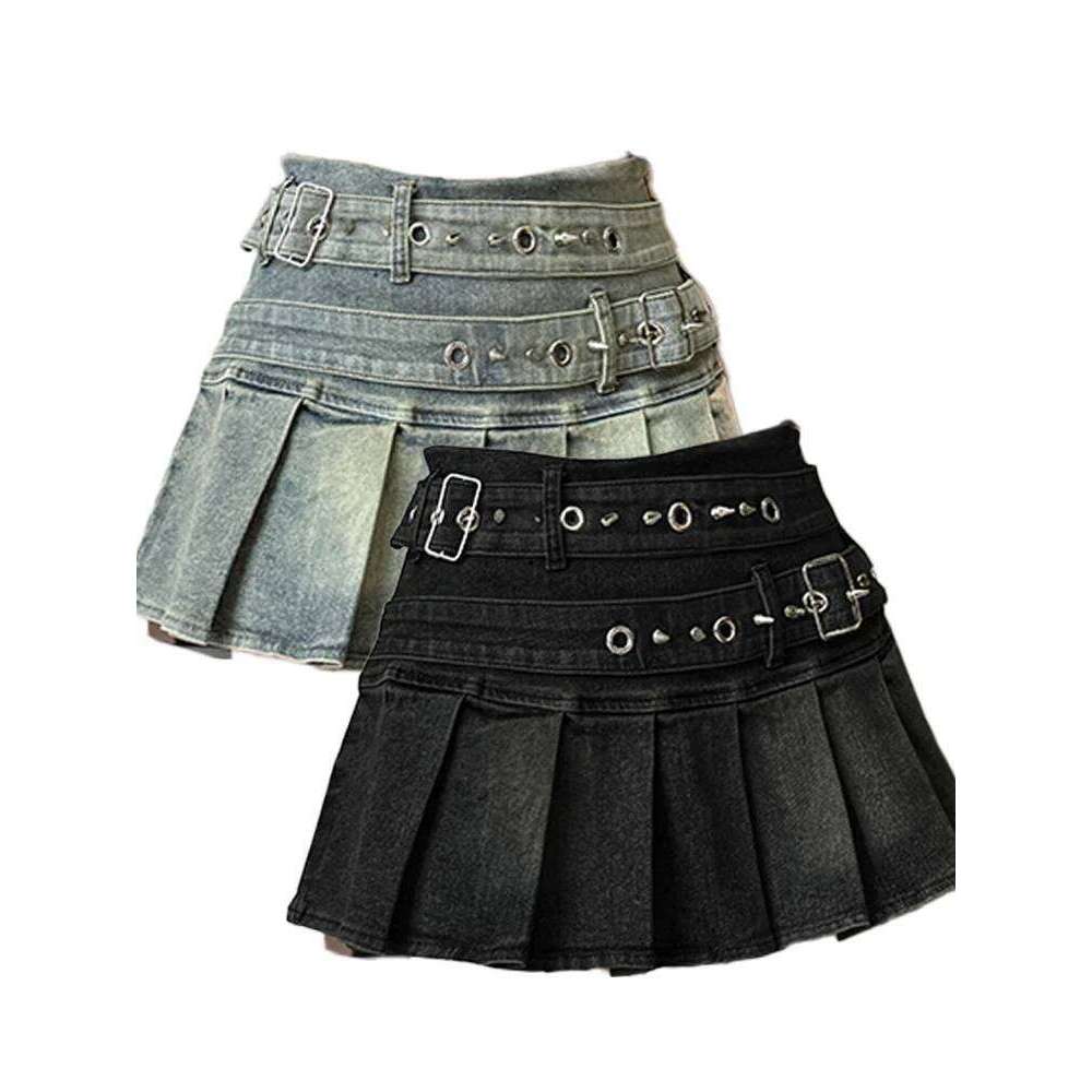 Women's Blue Black Riveted Belt Denim Y2K Harajuku High Street Fashion 90s Sexy A-line Mini Skirt Summer Clothing 2025 New XJ260131