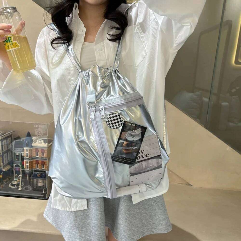 Original Large Capacity Drawstring Shoulder Bag Casual Transparent Simple Style Nylon Backpack for Girls Lightweight Portable