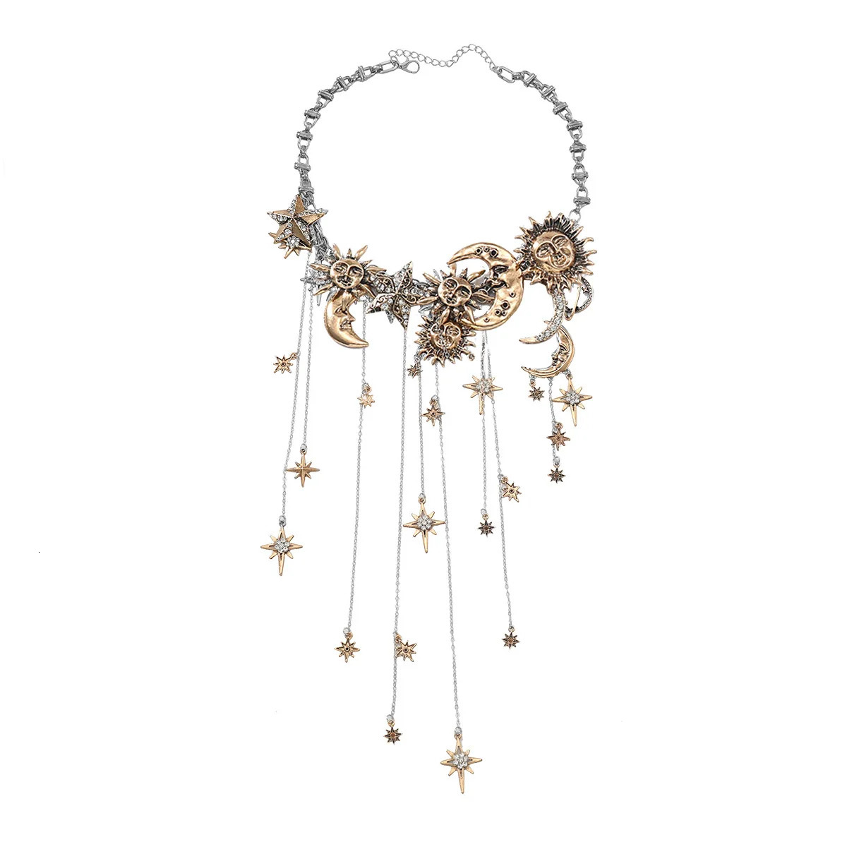 Exaggerated Multilayered Tassel Pendant Necklace with Moon Star Sun and Full Diamond n for Women in Boho Style 260128