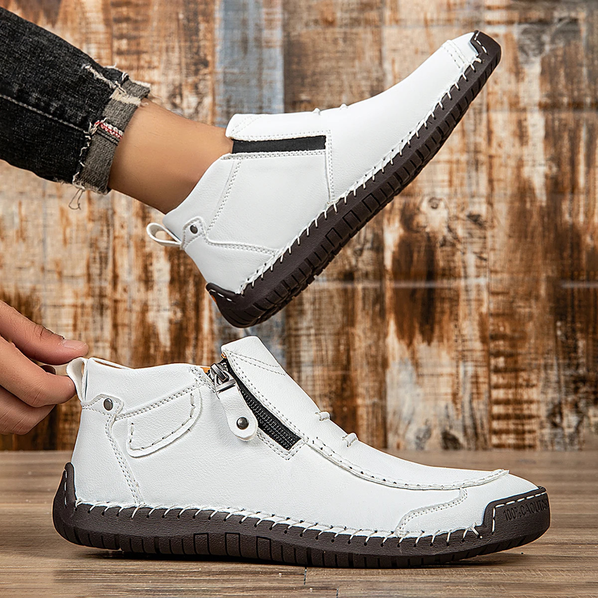 Classic Handmade Leather Mens Shoes with Zipper Outdoor Sneakers Casual Flat Shoes Men Work Shoes Ankle Boots 260126