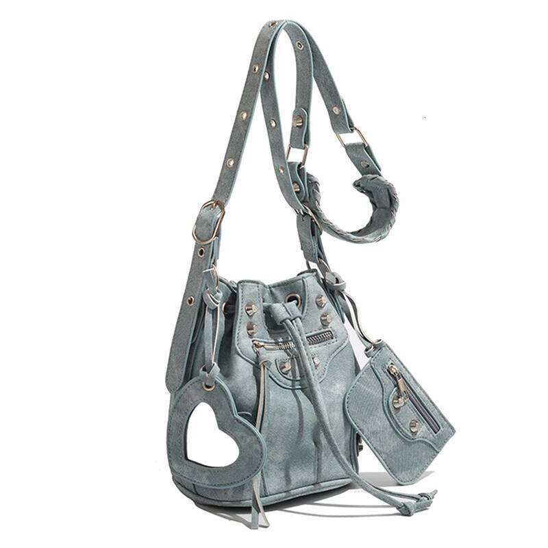 New Versatile Drawstring Shoulder Fashion Bucket Style Rivet Biker Design Premium Casual Commuter Crossbody Bag