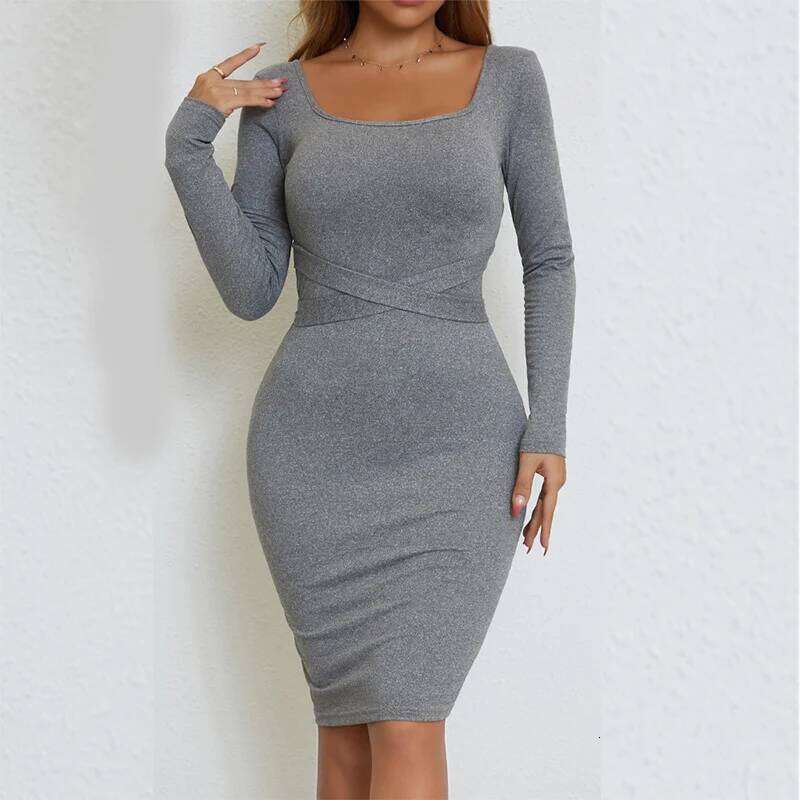 Daily Office Lady Dresses Women Sexy Square Neck Backless Wrap Hip Solid Color Long Sleeves Comfortable Streetwear Dress XJ260131