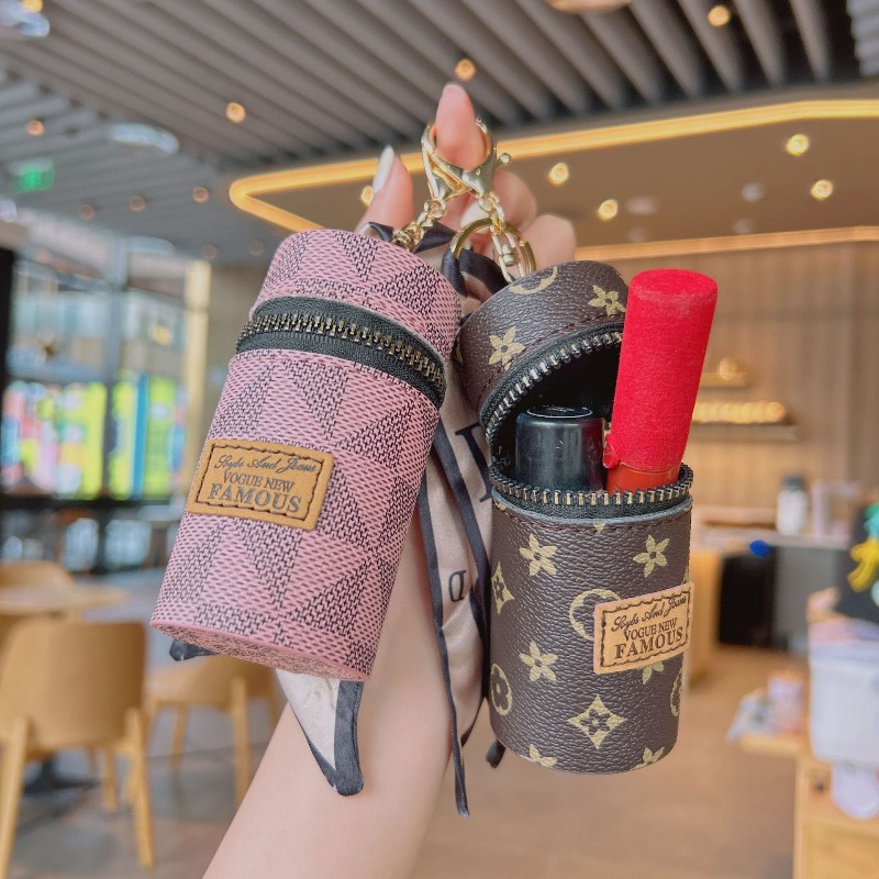 Fashion designer Jewelry Leather Keychain Lipstick Case Classic Print Portable Mini Pouch Bag Charm With Scarf Detail For Women Purse Accessory