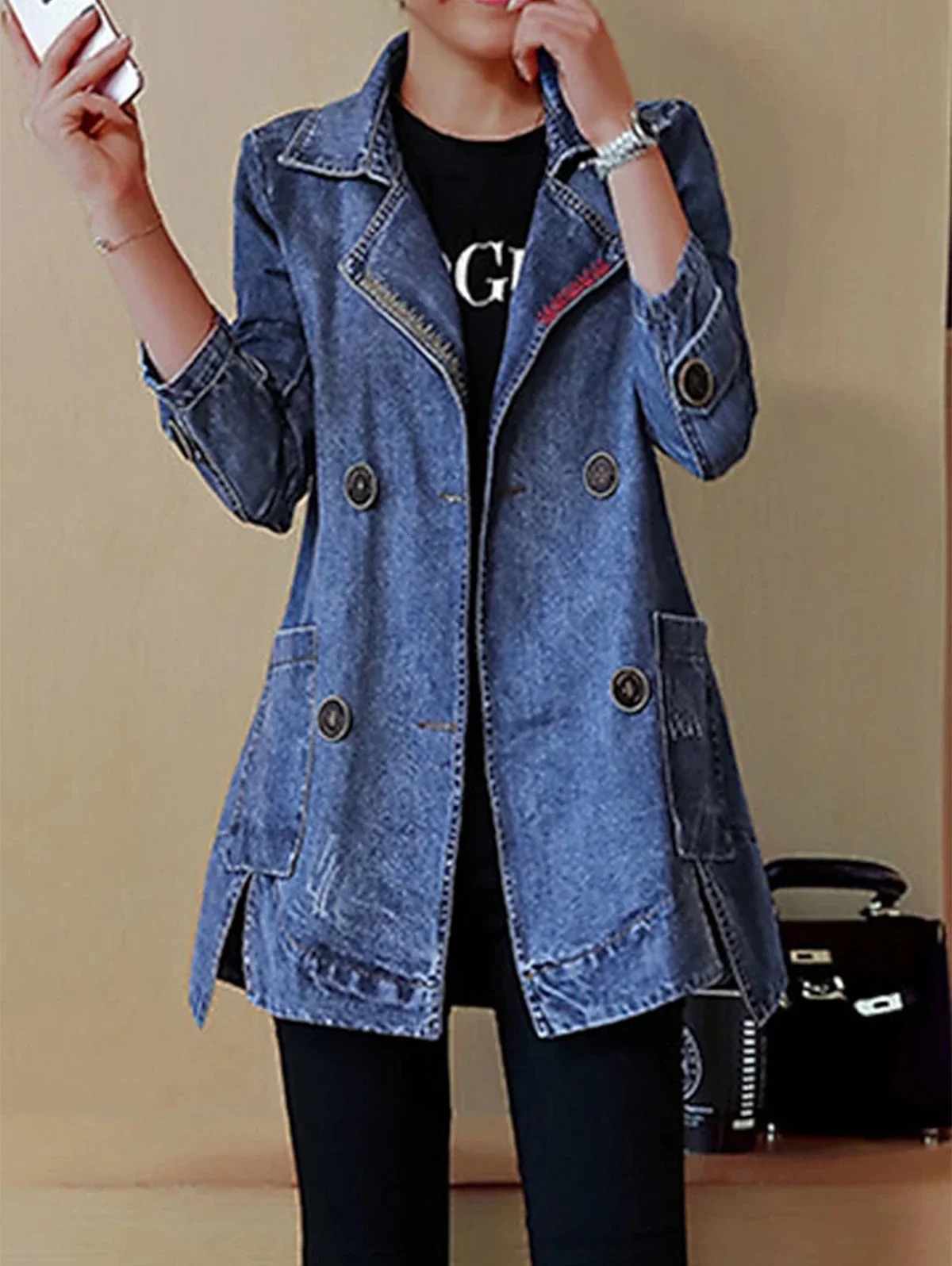 2024 Autumn Style Fashion Womens Denim Jacket MediumLong Suit Collar Lapel DoubleBreasted Solid Color 260120