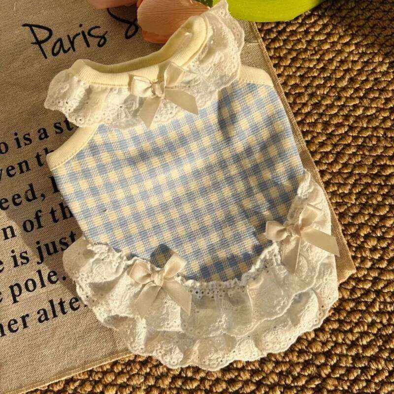 Thin Pretty Plaid Suspenders Pet Dog Summer Lace Teddy Pomeranian Princess Skirt Puppy Cute Prom Dress H260129