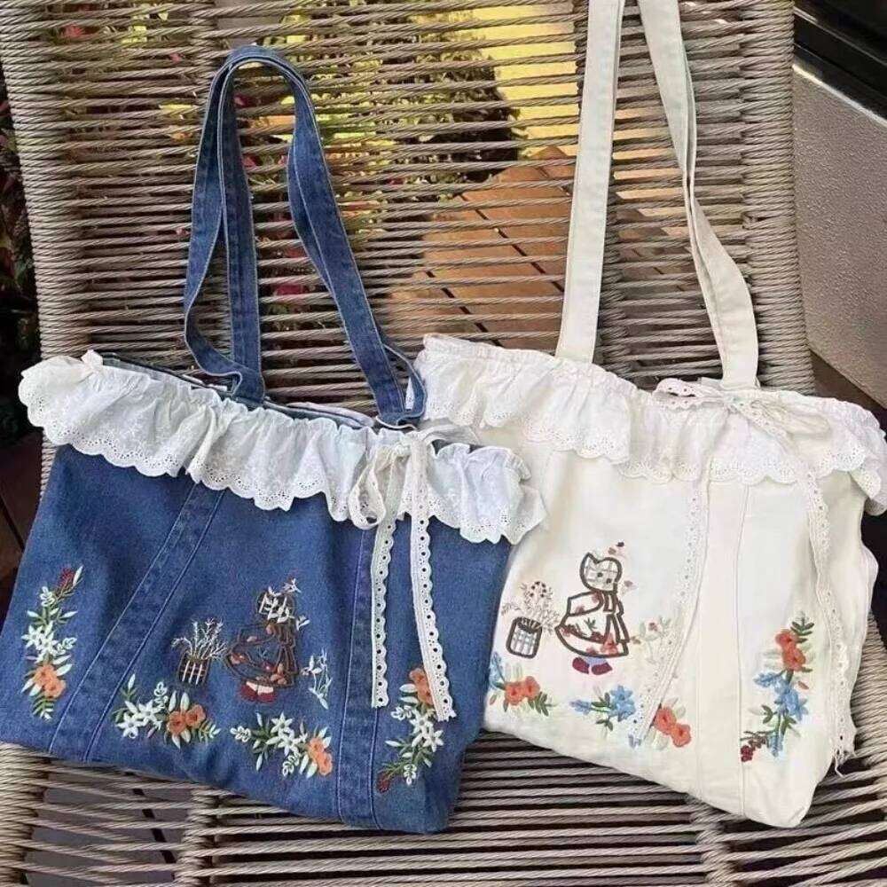 Spring Summer New Original Artistic Retro Lace Patchwork Embroidery Single Shoulder Denim Handbag Embroidered Canvas Bag