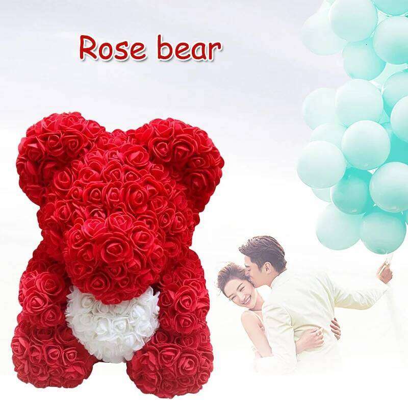 Lovely Big Red Rose Flower Bear Toys Ornaments Gifts for Valentines's Day 25cm Store Gift on march 8 Y260131