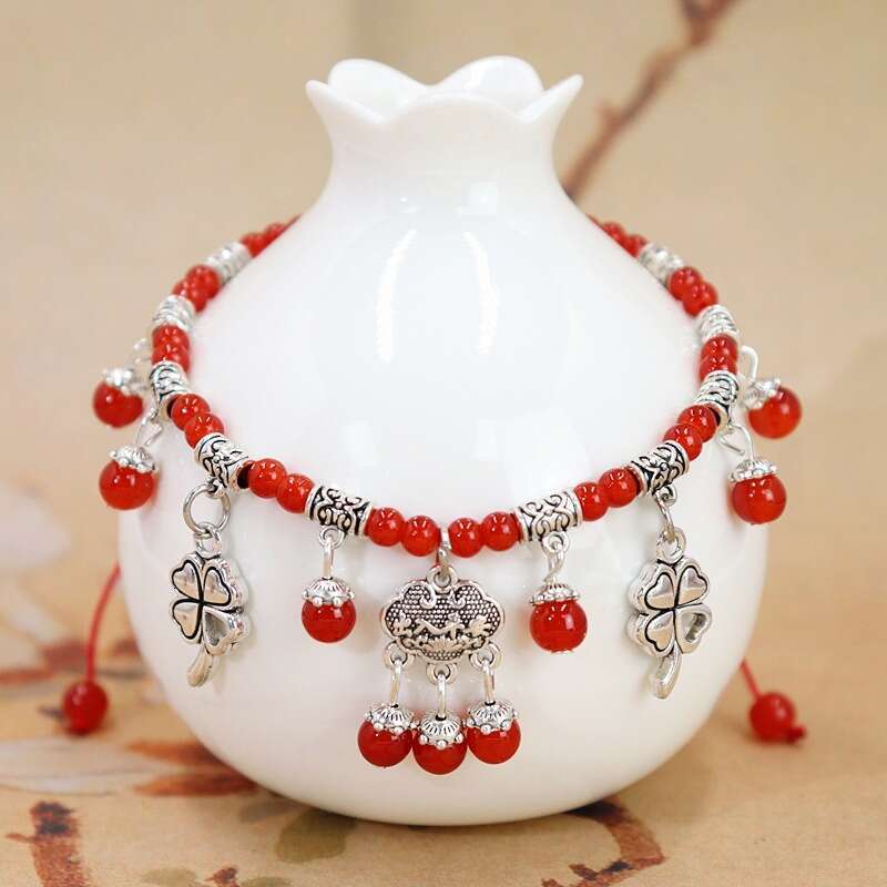 New Women's Summer String Natural Red Agate Vintage Peace Lock Tassel Bell Zodiac Year Anklet Accessories