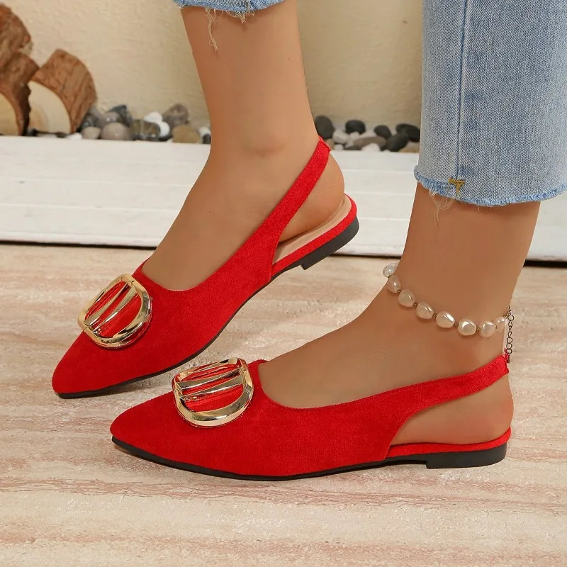 French Pointedtoe Metal Flat Shoes Baotou Sandals Shallowmouth Single Foreignstyle Explosive Internet Celebrity 260126