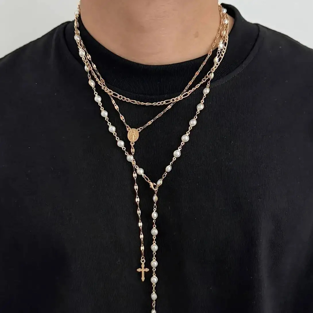 Salircon 3PcsSet Boho Jesus Cross Pendant Necklace Women Trendy Exquisite Pearl Beaded Chain Y2K Charm Jewelry Gift 260128