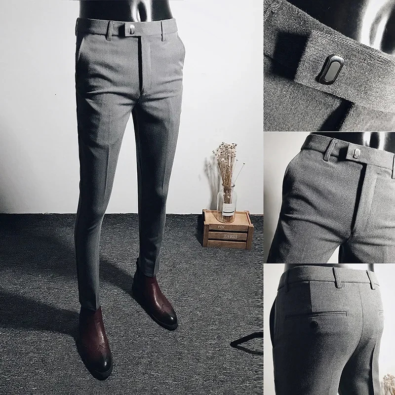 Casual Business Mens Black Stretchy Cropped Pants Trendy Korean Style Slim Fit Suit Summer Wear 260120
