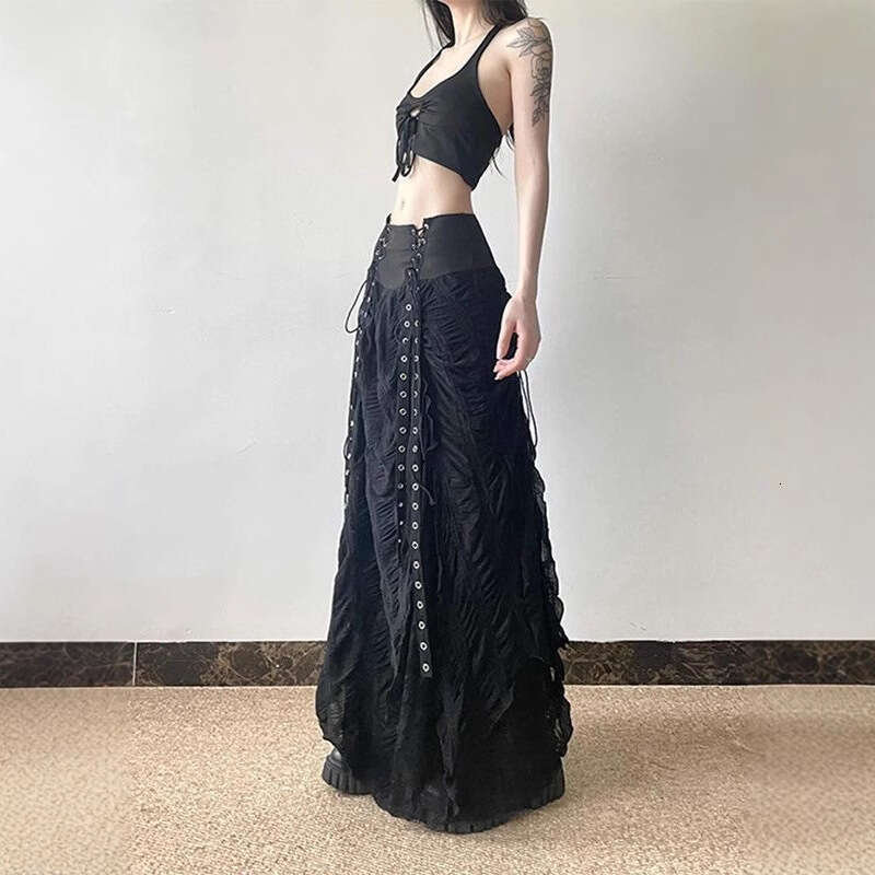 Y2K Dark Style American Retro Tie Patchwork Midi for Women New Niche Design High Street A-Line Skirt