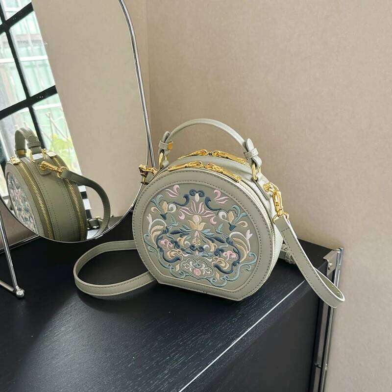 Retro Embroidery Round Handbag Exquisite Mini Cute Girls Shoulder Ladies Leisure Personality Crossbody Bag PU Material