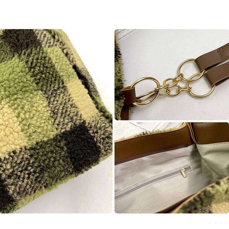 Women's Plaid Pattern Sherpa Large Capacity Tote Bag Shopping Chroma Handbag