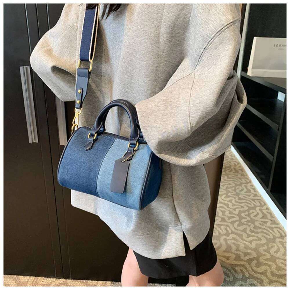 Patchwork Colorblock Mini Handbags For Women Denim Shoulder Cross Body Bags Casual Street Small Boston Bag 2025 Designer Purses