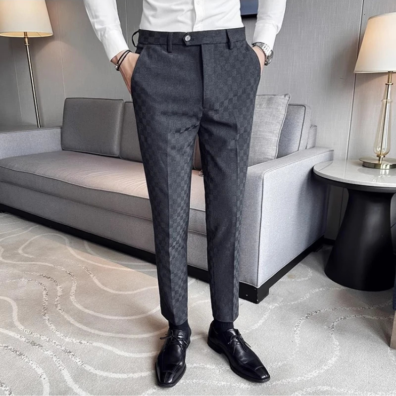 Mens Suit Pants Fashionable Slim Fit Business Social Office Formal Wedding Party Checkered 260120