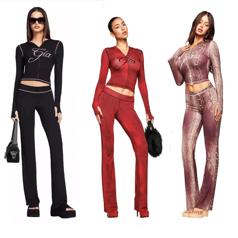 US Stock i am gia Womens Tracksuit Piece Set Designer Sports Suit For Women Flared Pants Zip-up Long Sleeve High Quality Spring Top Low Waist Micro Social