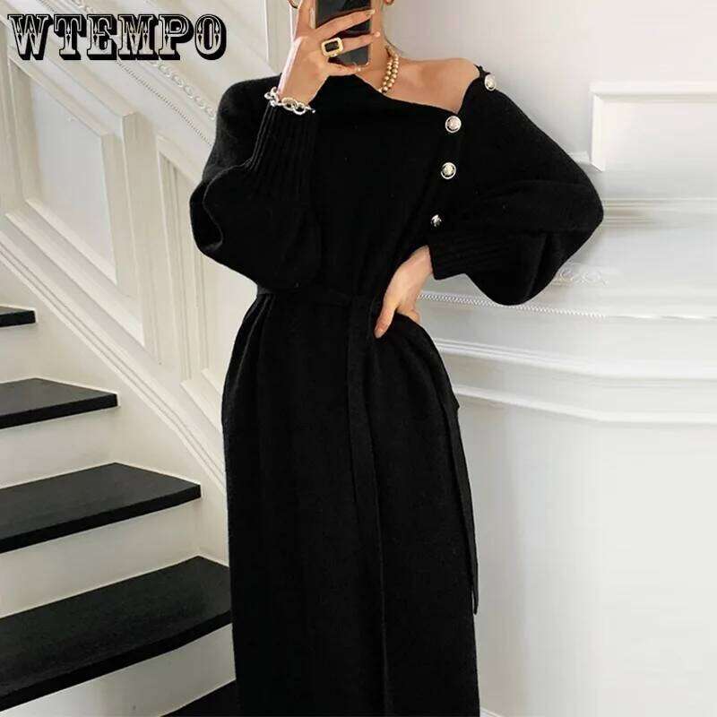 WTEMPO Women's Vintage Sleeve Knitwear Loose Buttoned Turtleneck Sweater Dress Autumn Winter Sexy Mid Long Knitted Dresses XJ260131