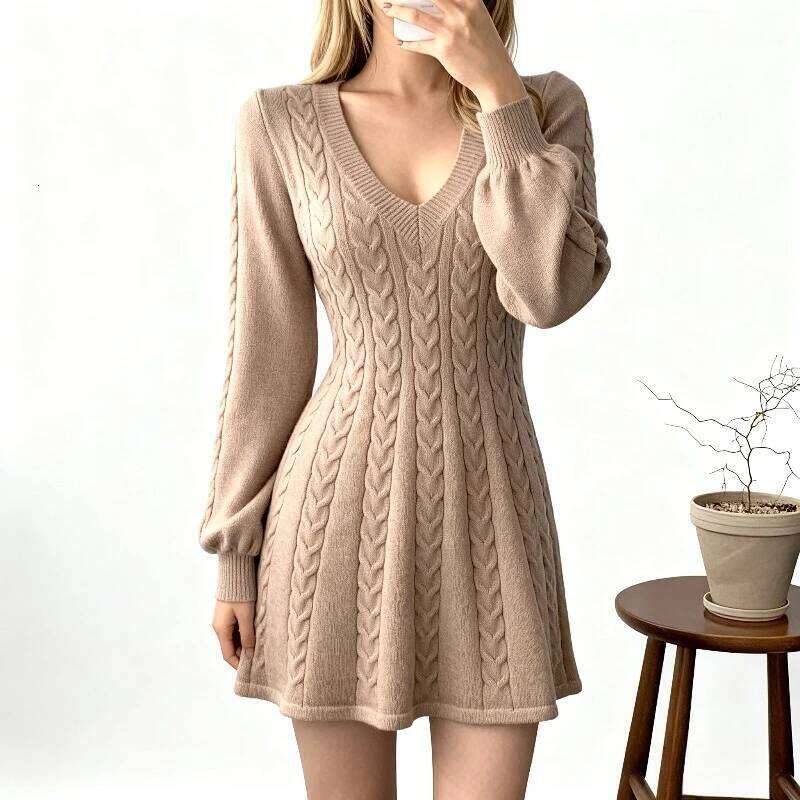 Women's Slim Fit Fashion V-neck Waist Cinched A-line Skirt Long Sleeved Pit Stripe Dress French Chic Knitted Dresses XJ260131