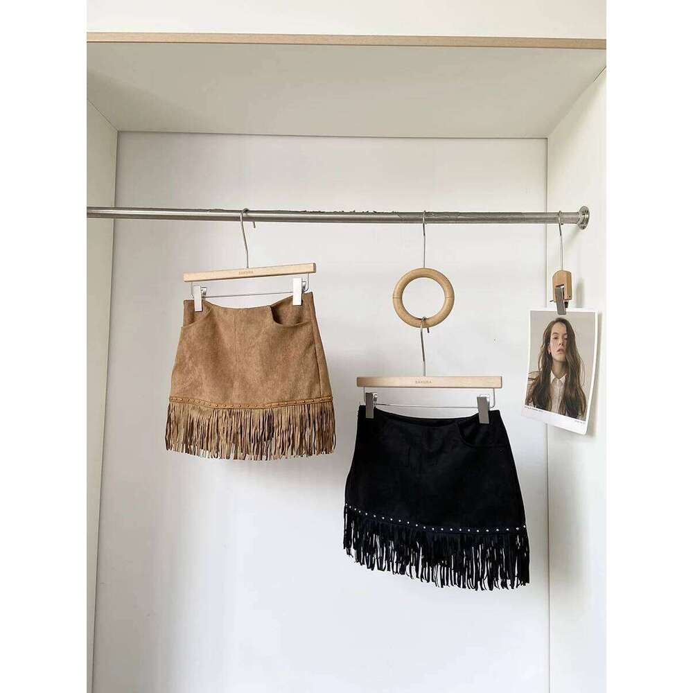 Women's Autumn Winter Rivets Tassels Suede Lady Streetwear High Waist Solid Color Short Skirt XJ260131