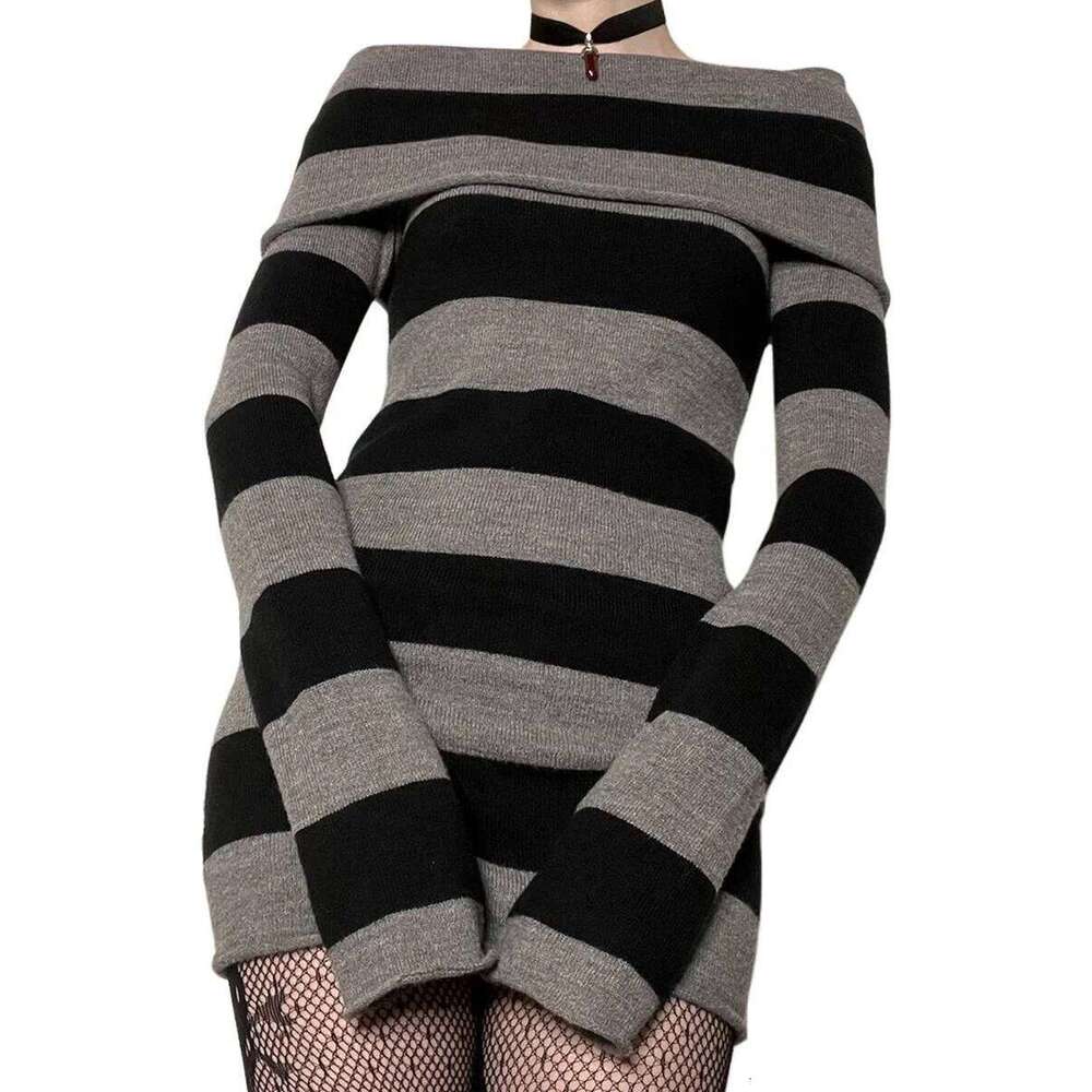 Women Y2K Knit Mini Striped Long Sleeve Off Shoulder Bodycon Short Sweater Dress Trendy Night Club Streetwear XJ260131