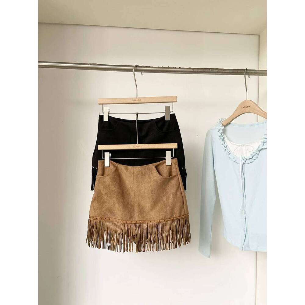 Women's Autumn Winter Rivets Tassels Suede Lady Streetwear High Waist Solid Color Short Skirt XJ260131