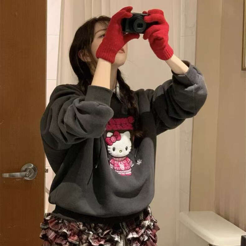 Korean Style Atmosphere Kitty Snowflake Patch Embroidery Fleece Sweatshirt For Women Winter New Loose Versatile Long Sleeve Top