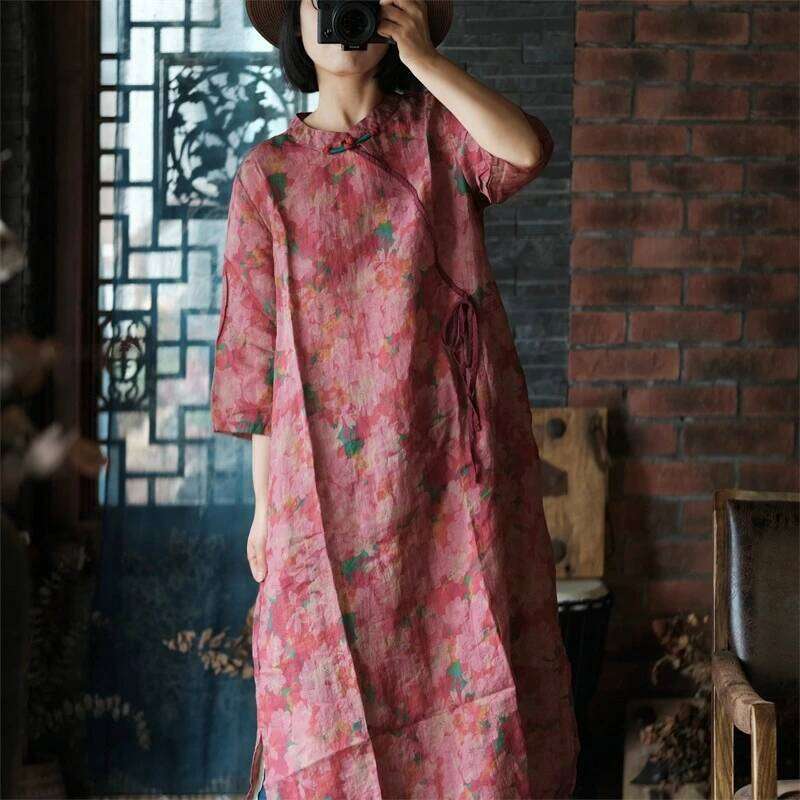 Chinese Style Women Linen Casual Dress New Spring Vintage Mandarin Collar Floral Print Loose Female Long Dresses M1061