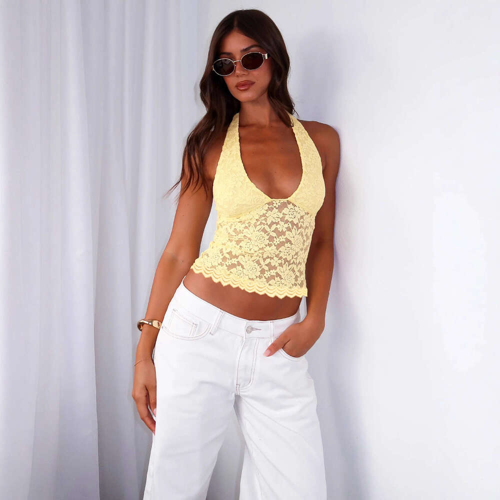 2025 Cross-Border New Hot Girl Hollow Lace Slim Camisole Y2K Sexy Versatile Halter Top for Women