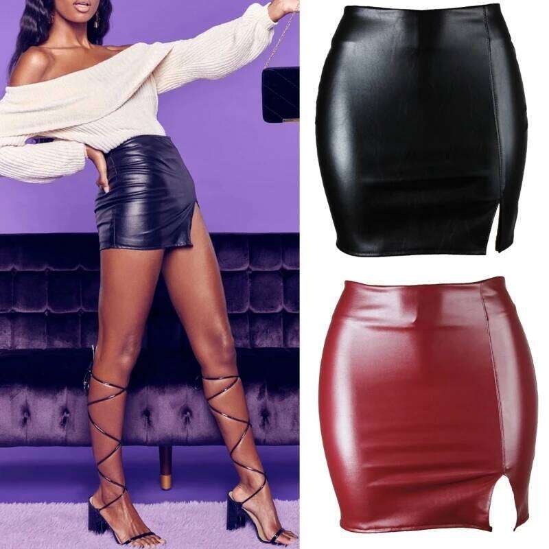 Women High Waist PU Leather Bodycon Short Side Split Solid Color Package Hip Mini Pencil Skirt for Club Party Daily Wear XJ260131