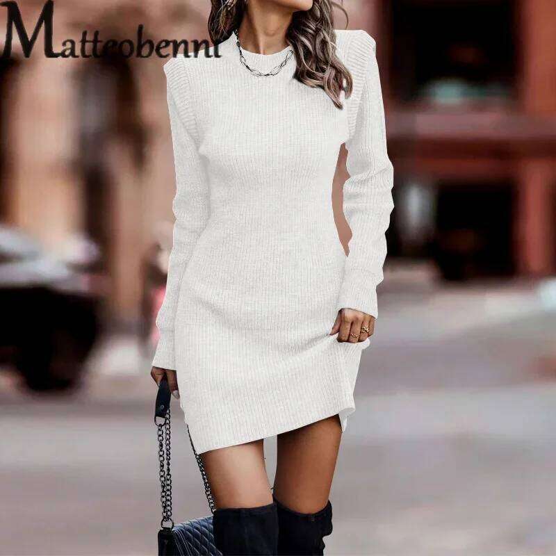 Women Solid Color Knitted Wrap Hip Dress Autumn Winter Crew Neck Pullover Long Sleeve Dressy Female Knitwear Slim Fit Short Gown XJ260131