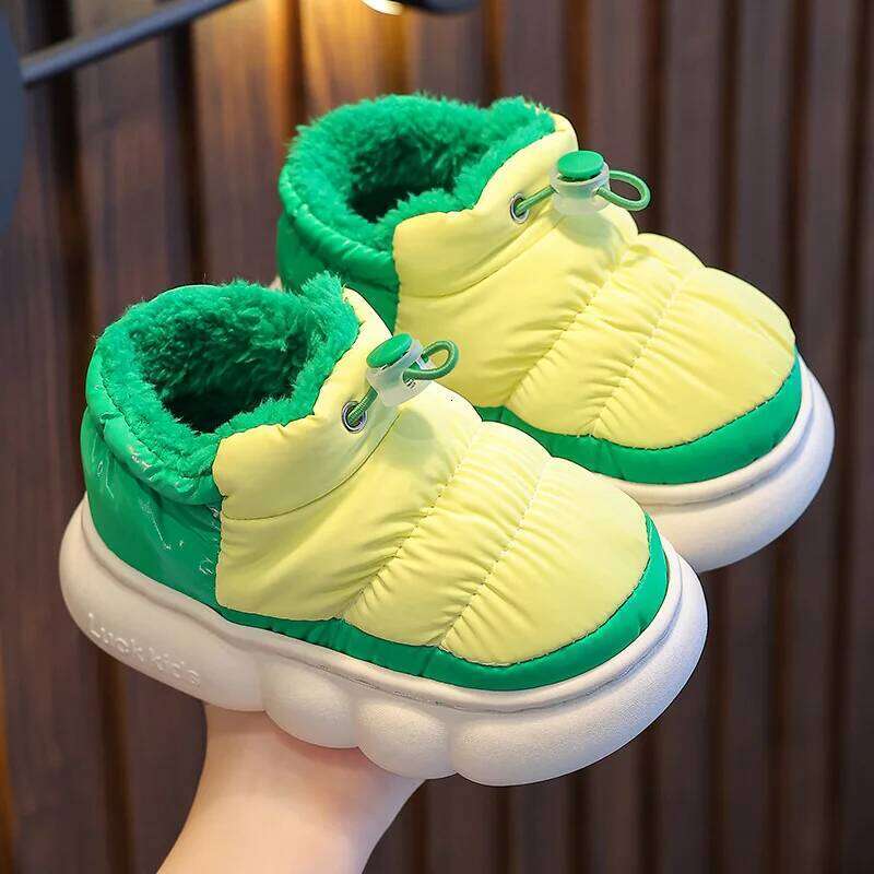 Children Winter Cotton Slippers Boy Drawstring Heel Down Cloth Waterproof Warm Fleece Girl Color Blocking Kid Casual Shoes Y260128