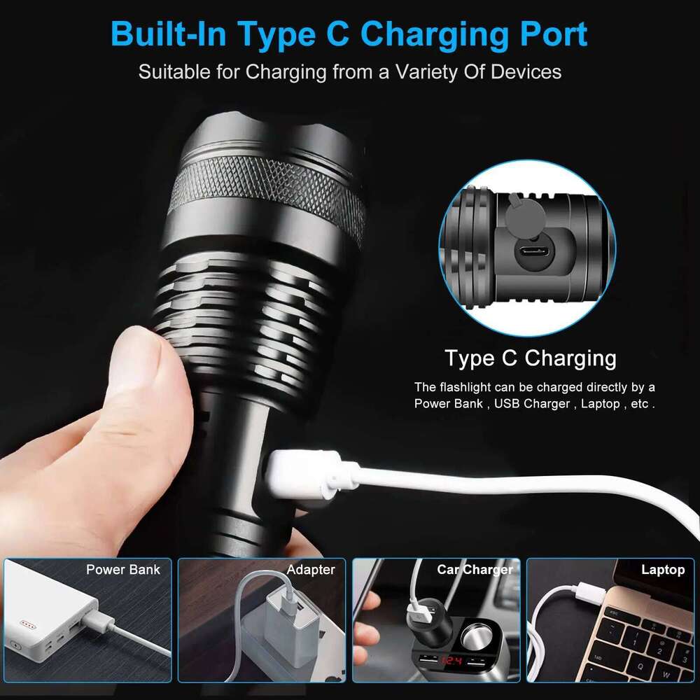 Super Bright Flashlight With Power Display 5 Light Modes Portable Telescopic Zoom Rechargeable Torch IP46 Waterproof For Outdoor H260131