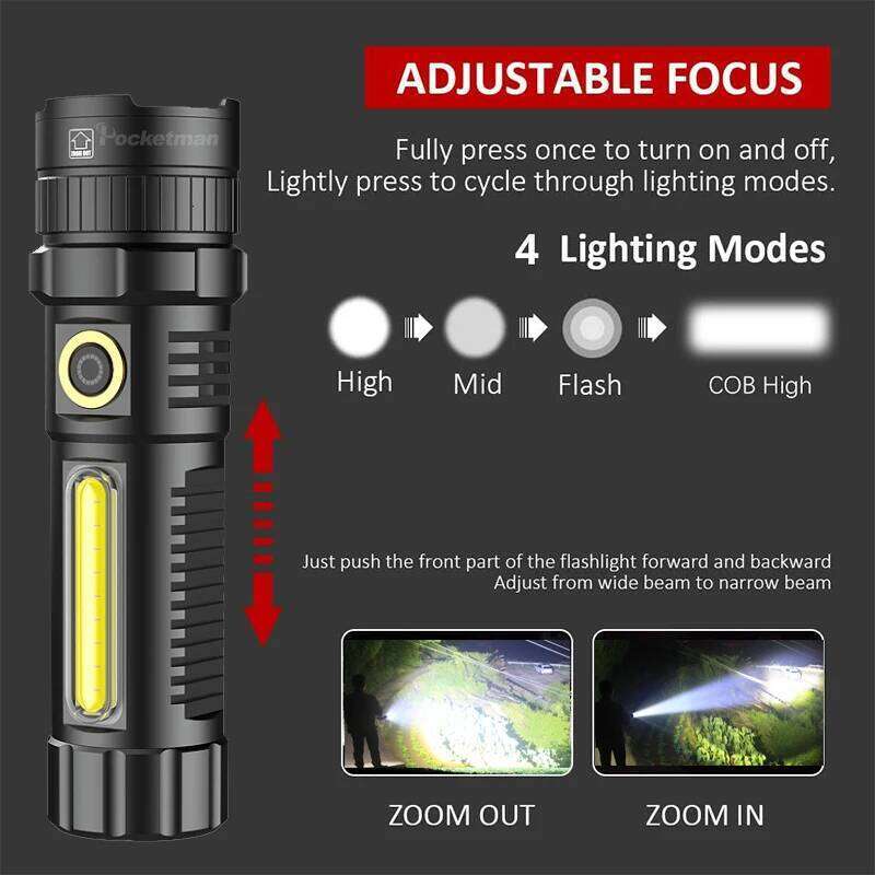 POCKETMAN XHP70 LED Flashlight USB Rechargeable Flashlights Zoomable Waterproof Torch with COB Side Light H260131