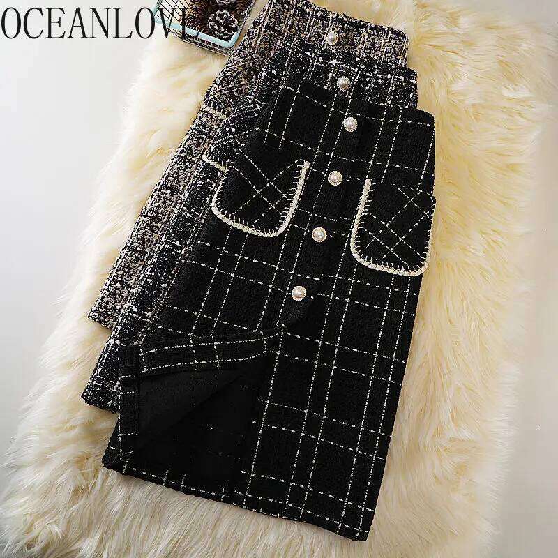 OCEANLOVE Faldas Mujer Plaid Vintage Knee Length Autumn Winter Woolen Women Skirts Korean Jupe Femme XJ260131
