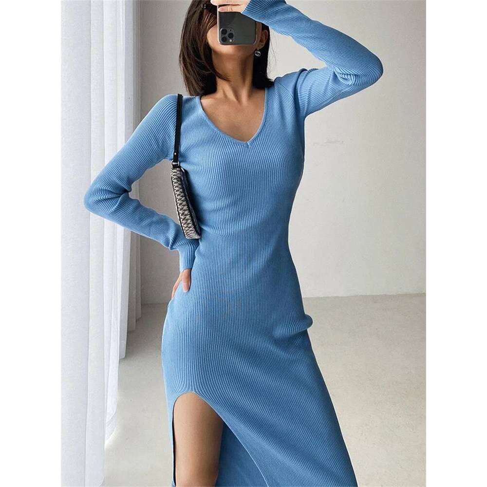 REALEFT Autumn Winter French Sexy Slit Women's Sweater Dress Female V-Neck Slim Tight-fitting Wrap Dresses 2023 New XJ260131