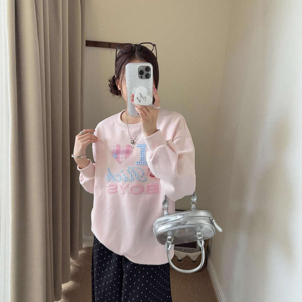 Korean Dongdaemun Patch Embroidery Round Neck Sweatshirt For Women, Autumn New Simple Letter Loose Casual Versatile Long Sleeve