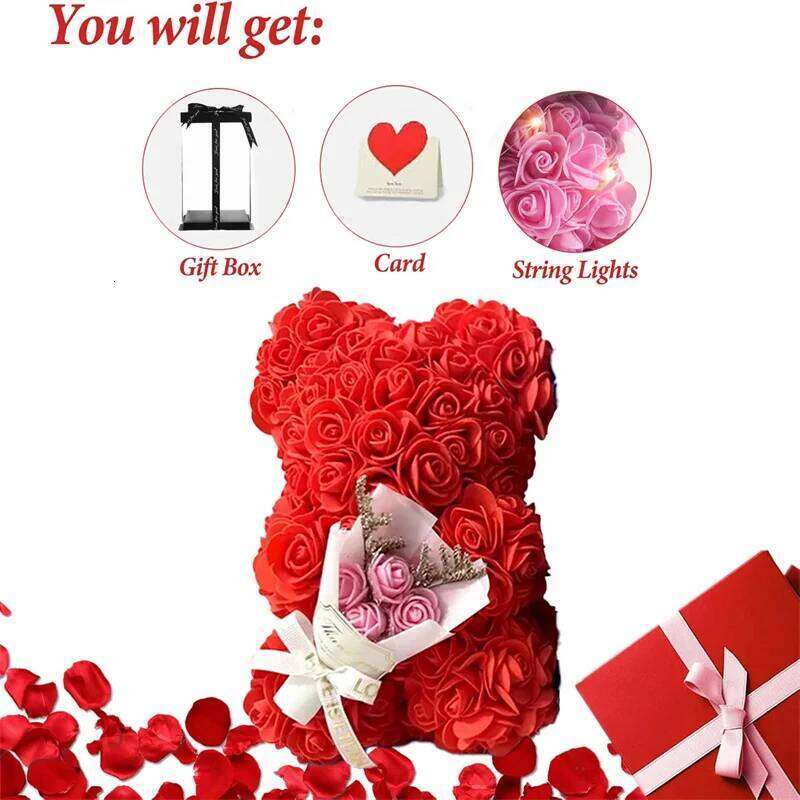 10inch Flower Bear Led Light Mother's Day Anniversary Birthday Girt for Wife Girlfriend Mom with Gift Box and Card Y260131