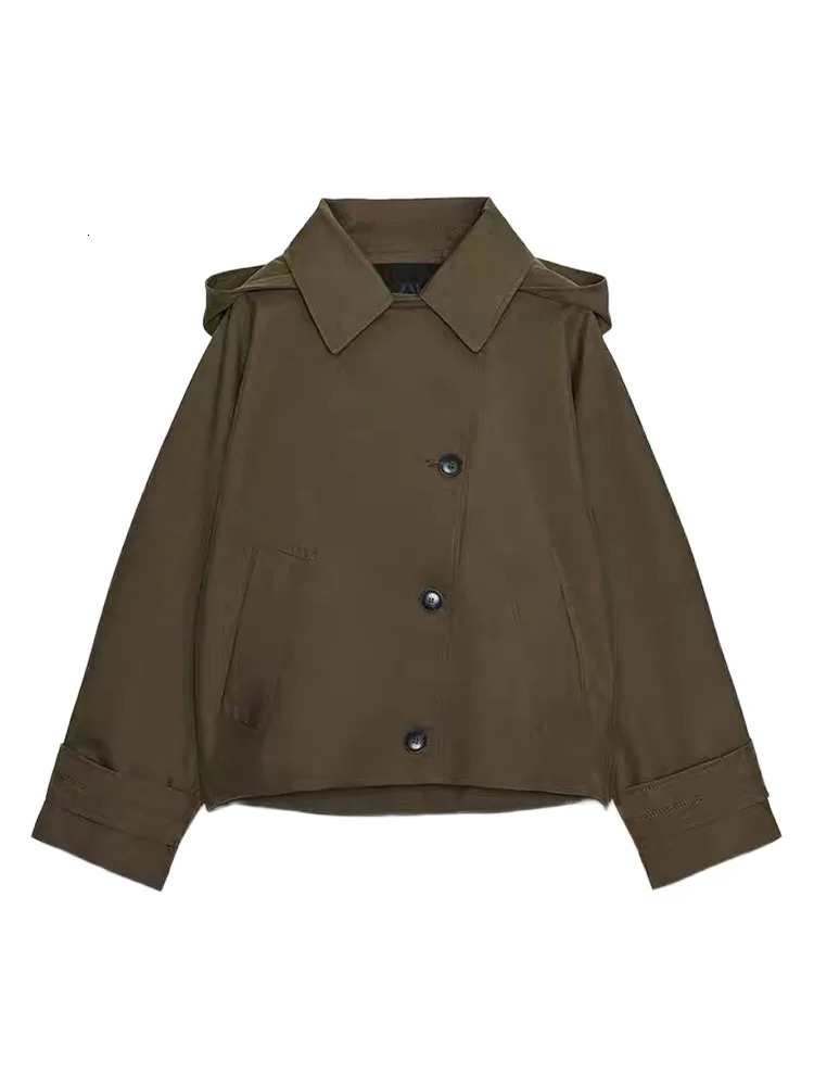 Casual Womens Hooded Cropped Trench Coat Loose Lapel Single Breasted Full Sleeve Jacket Female 2025 Autumn Lady Street Outwears 260120