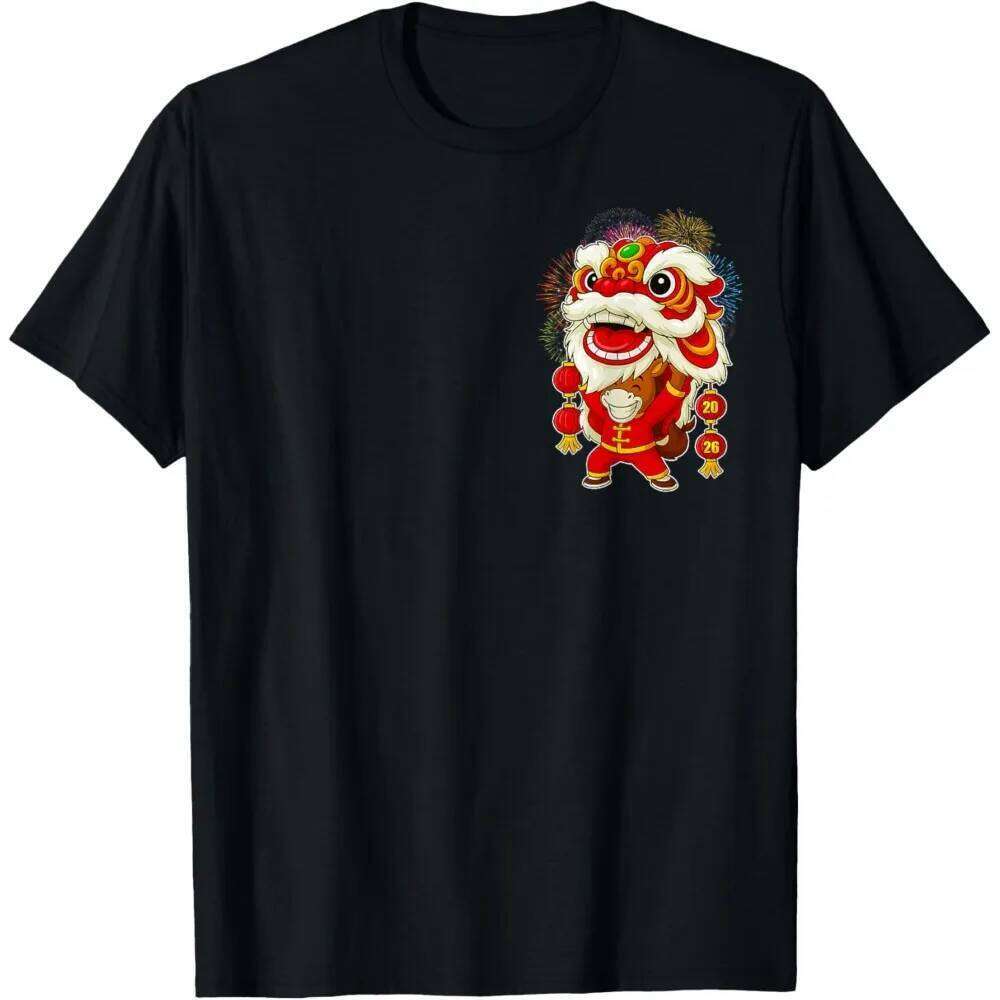 of The Lion Dance Chinese Lunar New Year 2026 T-Shirt Pocket Pattern Horse Men Clothes Cotton Tops C260131