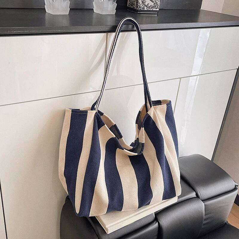 Summer Stripe Canvas Tote Female Casual Large Capcity Simple Shoulder Bags Shopping Handbag Daily Totes Bag XJ260130