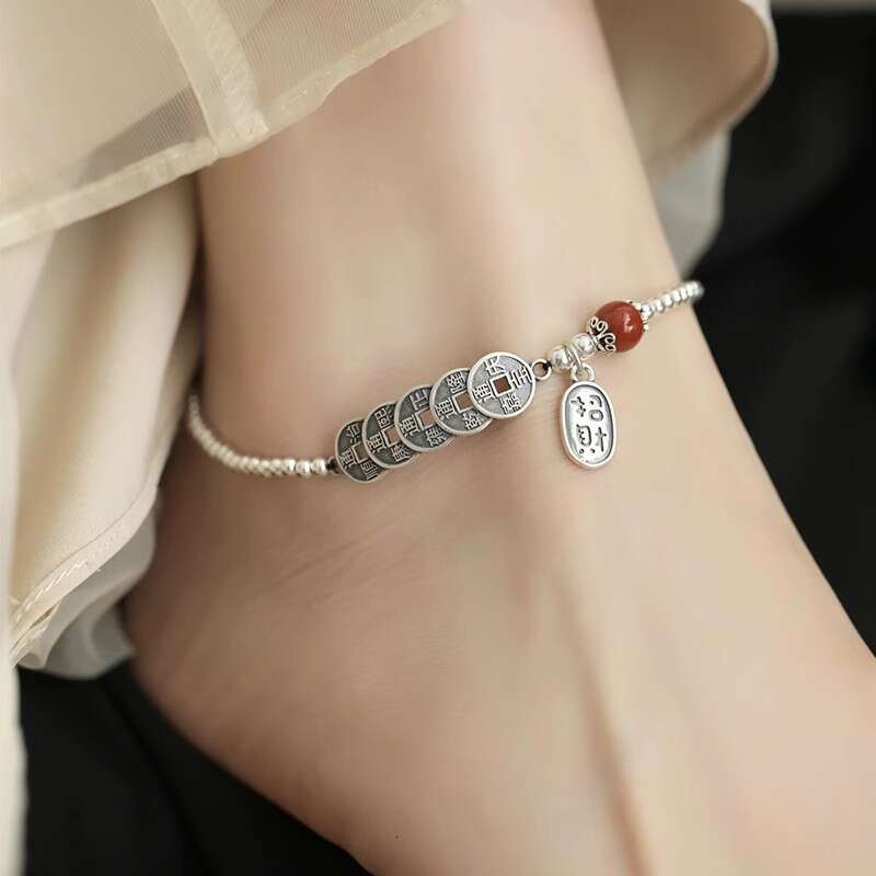 Vintage Wealth-Attracting Five Emperor Copper Coin for Women, Adjustable New Chinese National Ethnic Style Niche Temperament Anklet